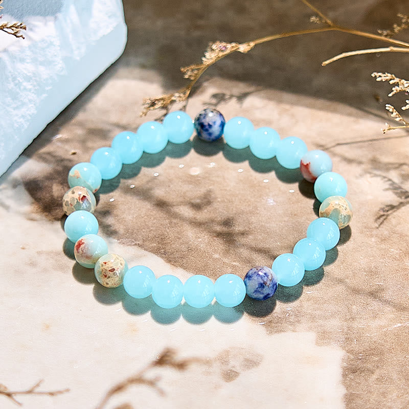 Olivenorma Armband mit Perlen aus natürlichem Agalmatolit und Aquamarin