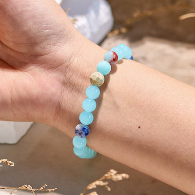 Olivenorma Armband mit Perlen aus natürlichem Agalmatolit und Aquamarin