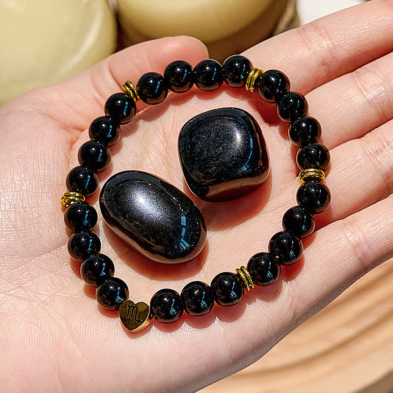 Olivenorma Armband aus natürlichem Obsidian mit Sternzeichen-Perlen 