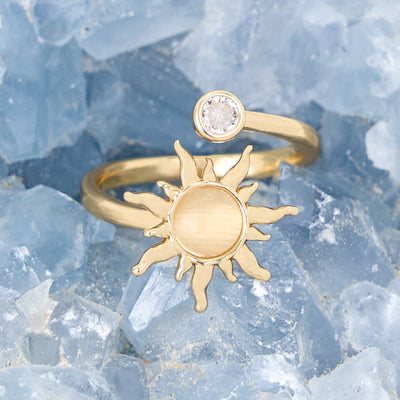 Olivenorma Sonnenschliff-Ring mit rosa Opal und Katzenaugenstein