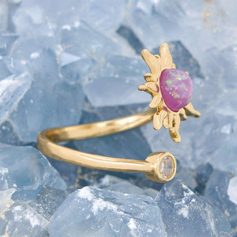 Olivenorma Sonnenschliff-Ring mit rosa Opal und Katzenaugenstein