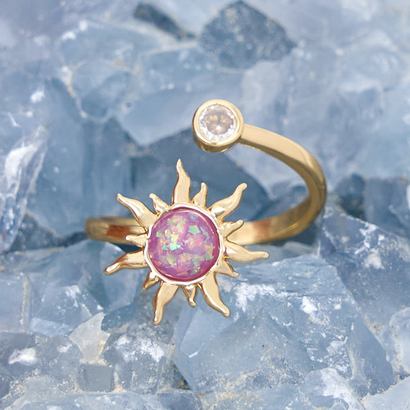 Olivenorma Sonnenschliff-Ring mit rosa Opal und Katzenaugenstein