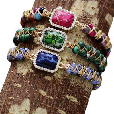 Olivenorma Geflochtenes Armband mit Kaisersteinen, Blau, Grün und Rosa