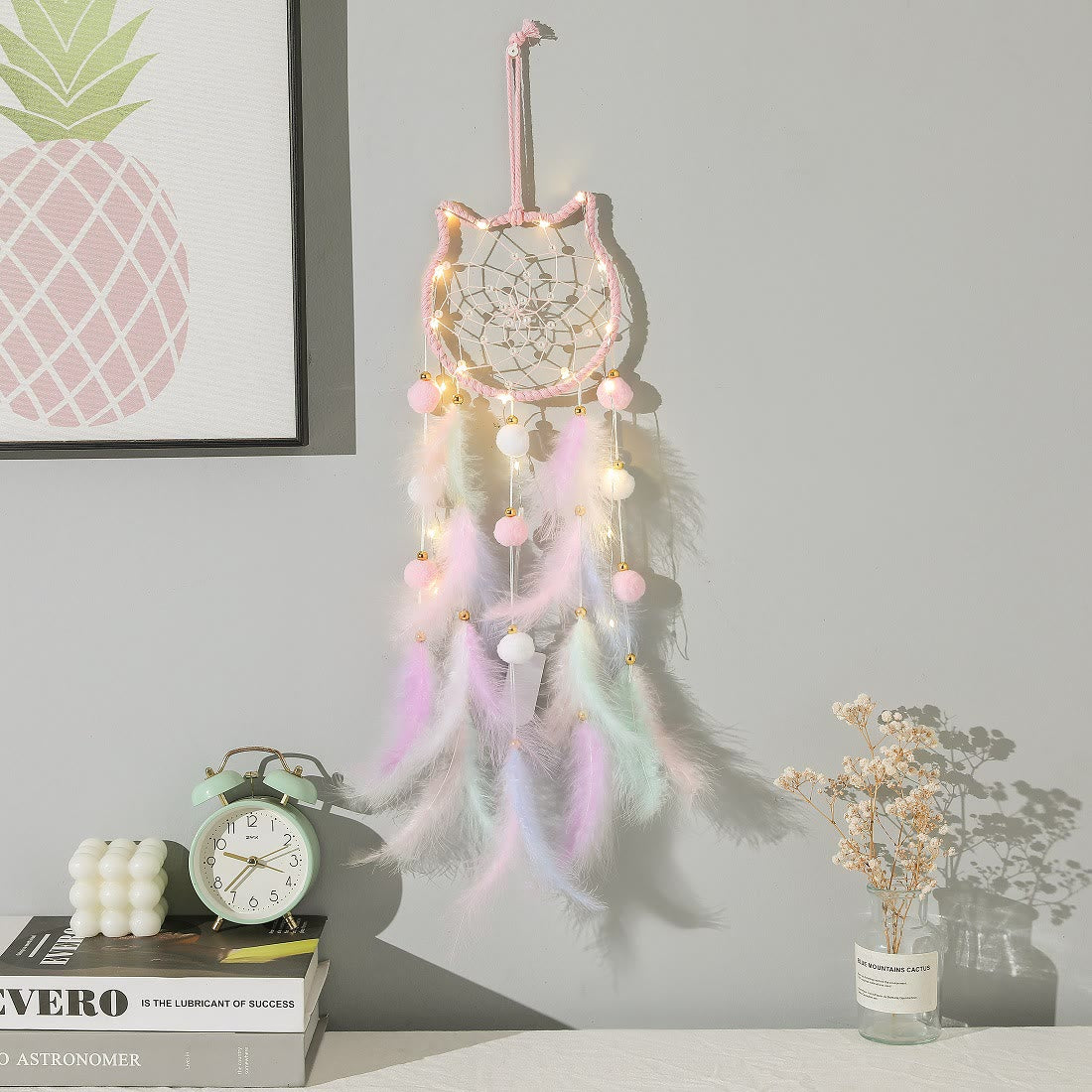 Olivenorma Traumfänger mit süßer Katze und Mond und Sternen