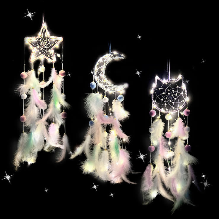 Olivenorma Traumfänger mit süßer Katze und Mond und Sternen