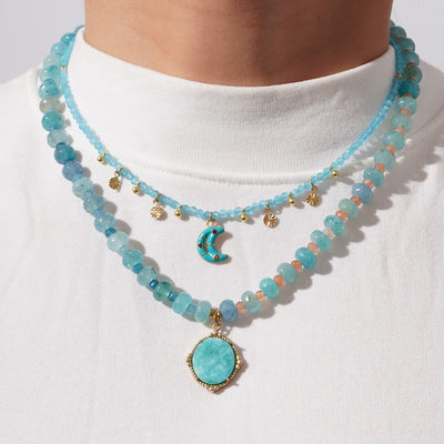 Olivenorma Amazonit Aquamarin Blau Chalcedon Perlen Halskette