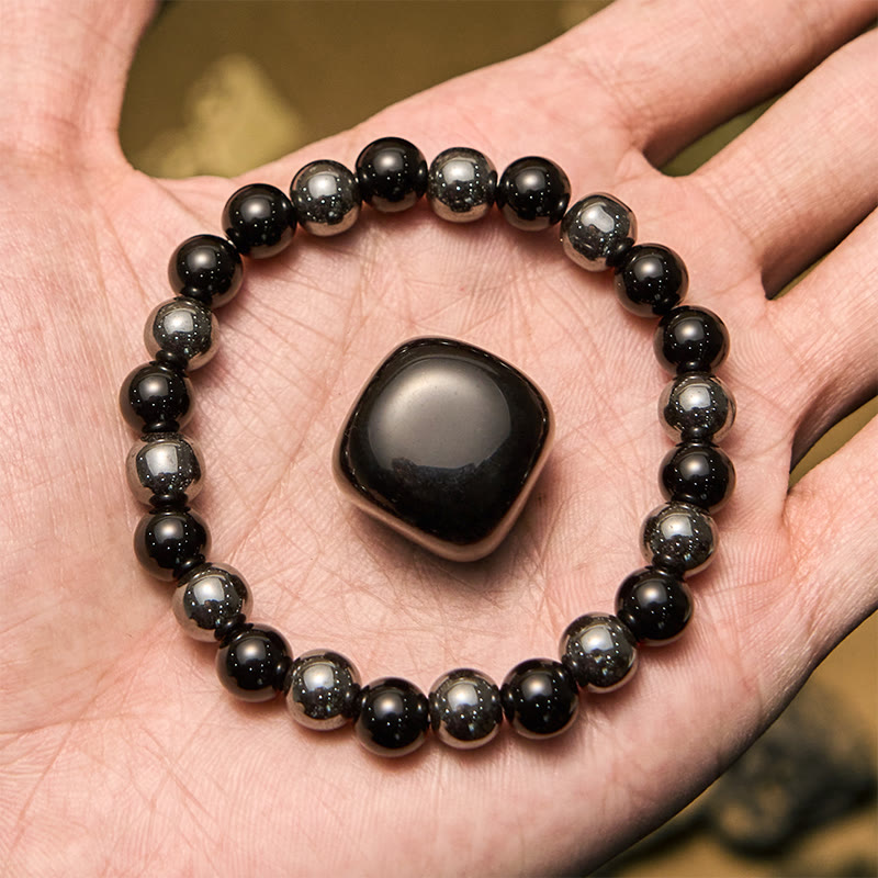 Olivenorma Herrenarmband mit Hämatit-Obsidian-Perlen, 8 mm