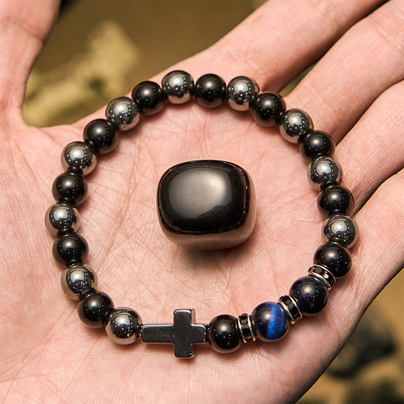 Olivenorma Herrenarmband mit Hämatit-Obsidian-Tigerauge-Perlen, 8 mm