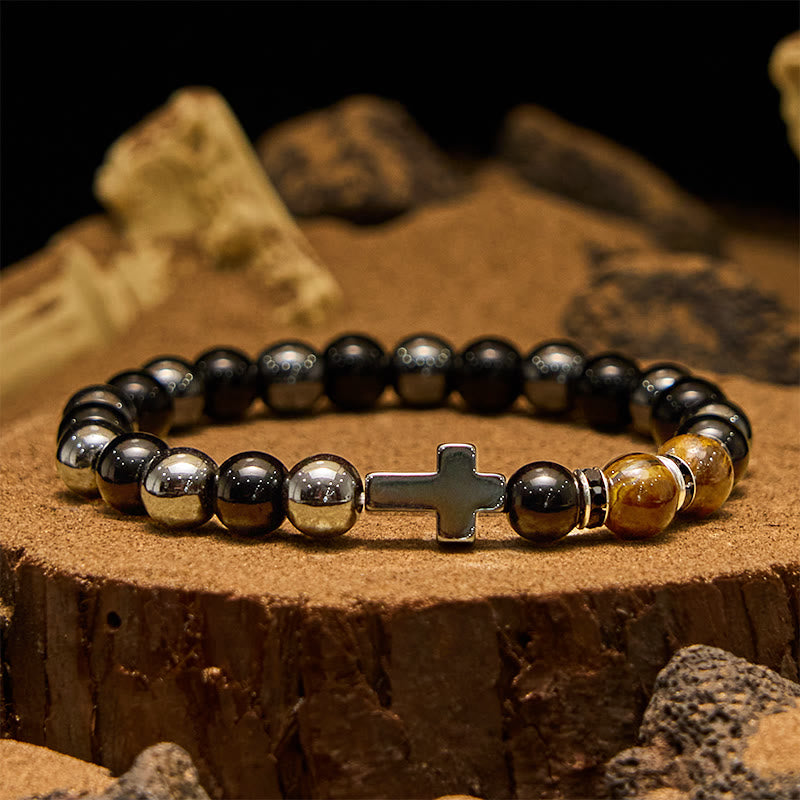 Olivenorma Herrenarmband mit Hämatit-Obsidian-Tigerauge-Perlen, 8 mm