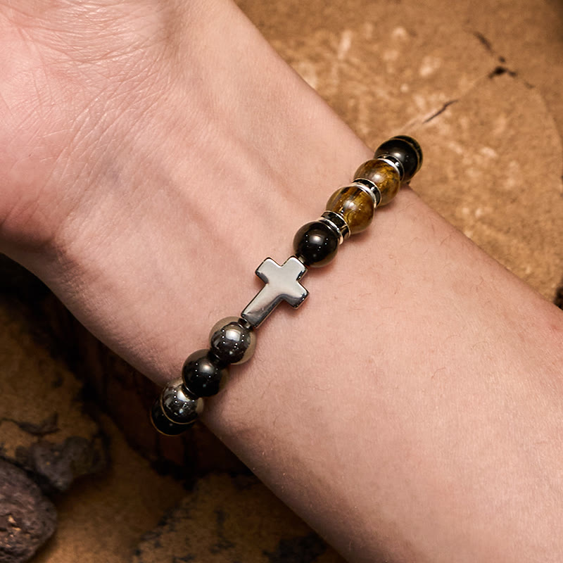 Olivenorma Herrenarmband mit Hämatit-Obsidian-Tigerauge-Perlen, 8 mm