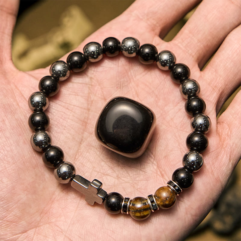 Olivenorma Herrenarmband mit Hämatit-Obsidian-Tigerauge-Perlen, 8 mm