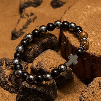 Olivenorma Herrenarmband mit Hämatit-Obsidian-Tigerauge-Perlen, 8 mm