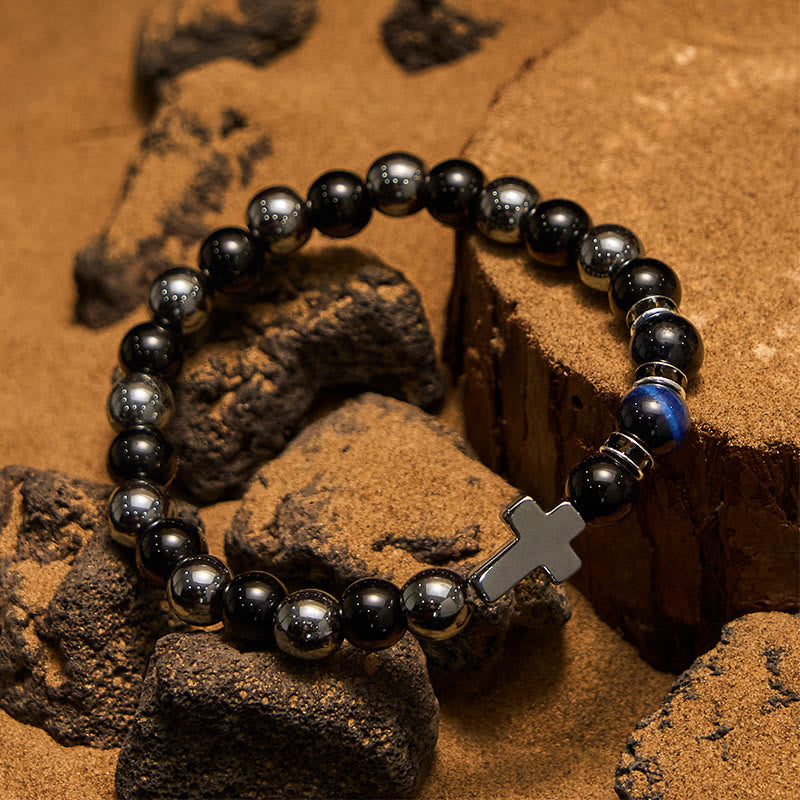 Olivenorma Herrenarmband mit Hämatit-Obsidian-Tigerauge-Perlen, 8 mm