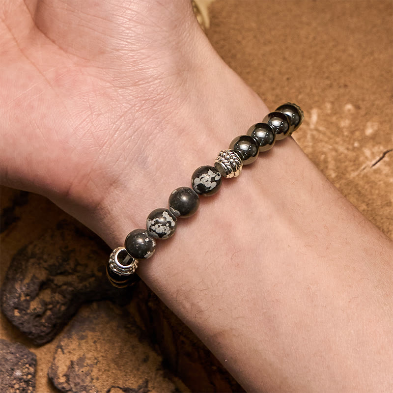 Olivenorma Schneeflocken-Obsidian-Hämatit-Perlen Herren-Armband