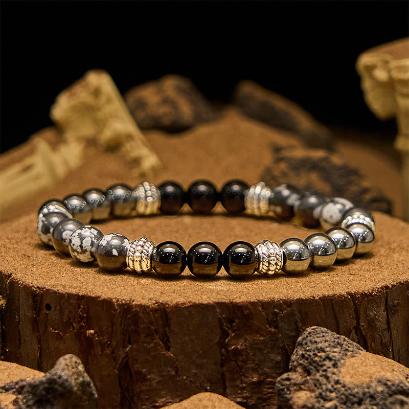 Olivenorma Schneeflocken-Obsidian-Hämatit-Perlen Herren-Armband