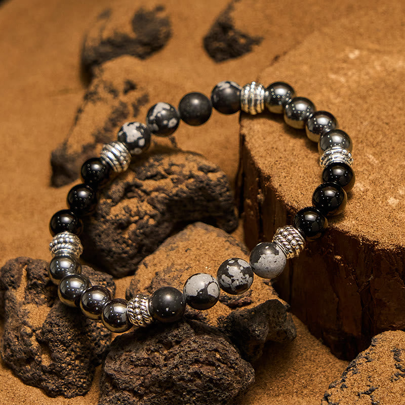 Olivenorma Schneeflocken-Obsidian-Hämatit-Perlen Herren-Armband