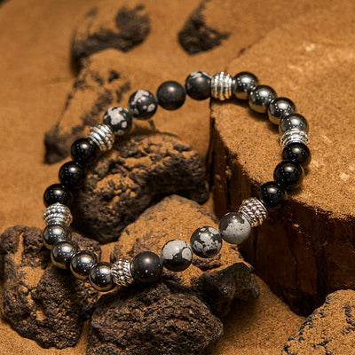 Olivenorma Schneeflocken-Obsidian-Hämatit-Perlen Herren-Armband