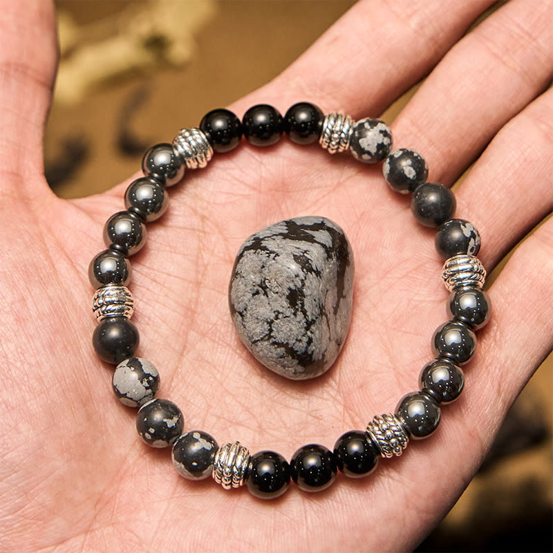 Olivenorma Schneeflocken-Obsidian-Hämatit-Perlen Herren-Armband