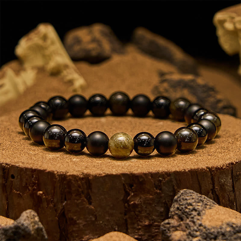 Olivenorma Herrenarmband mit schwarzen Onyx- und goldenen Obsidianperlen