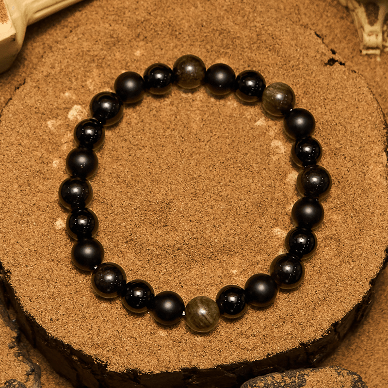 Olivenorma Herrenarmband mit schwarzen Onyx- und goldenen Obsidianperlen