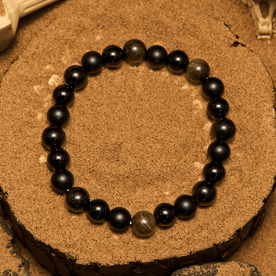 Olivenorma Herrenarmband mit schwarzen Onyx- und goldenen Obsidianperlen