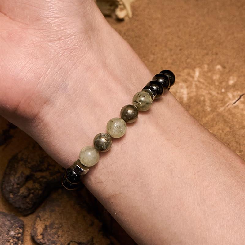 Olivenorma Labradorit Obsidian Rauchquarz Perlenarmband