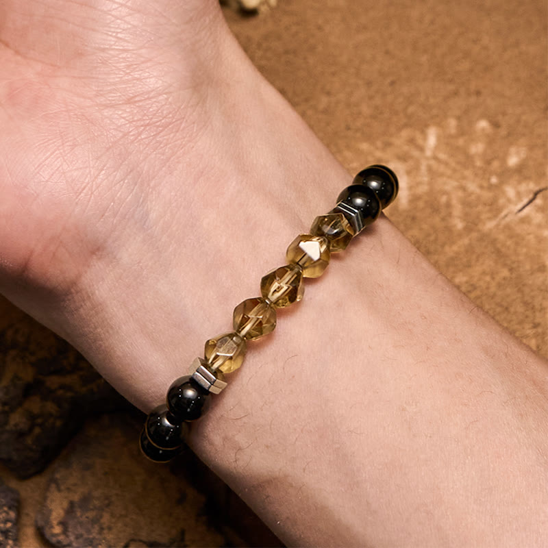 Olivenorma Labradorit Obsidian Rauchquarz Perlenarmband