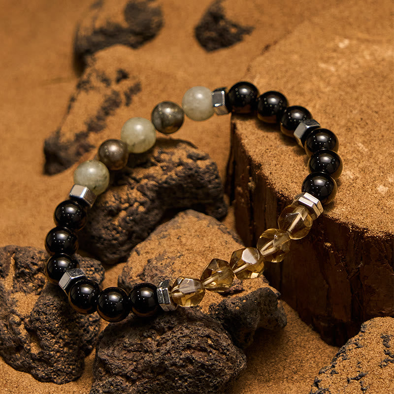 Olivenorma Labradorit Obsidian Rauchquarz Perlenarmband