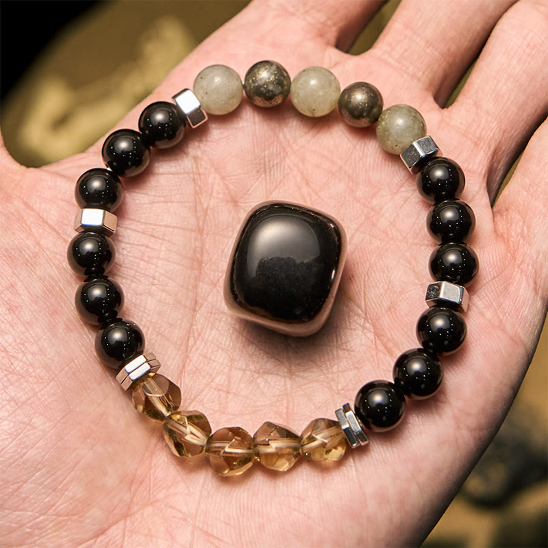 Olivenorma Labradorit Obsidian Rauchquarz Perlenarmband