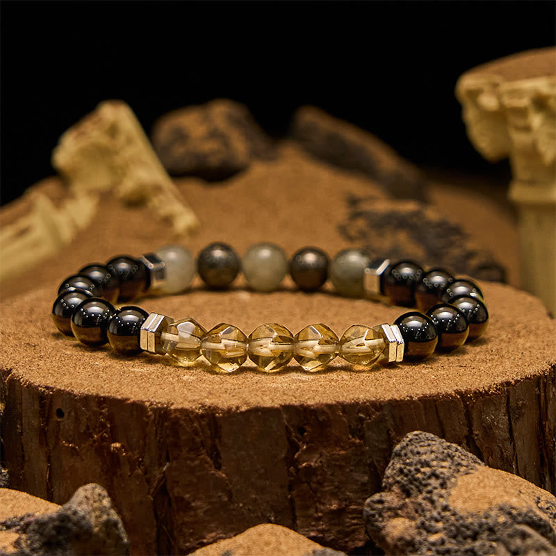 Olivenorma Labradorit Obsidian Rauchquarz Perlenarmband