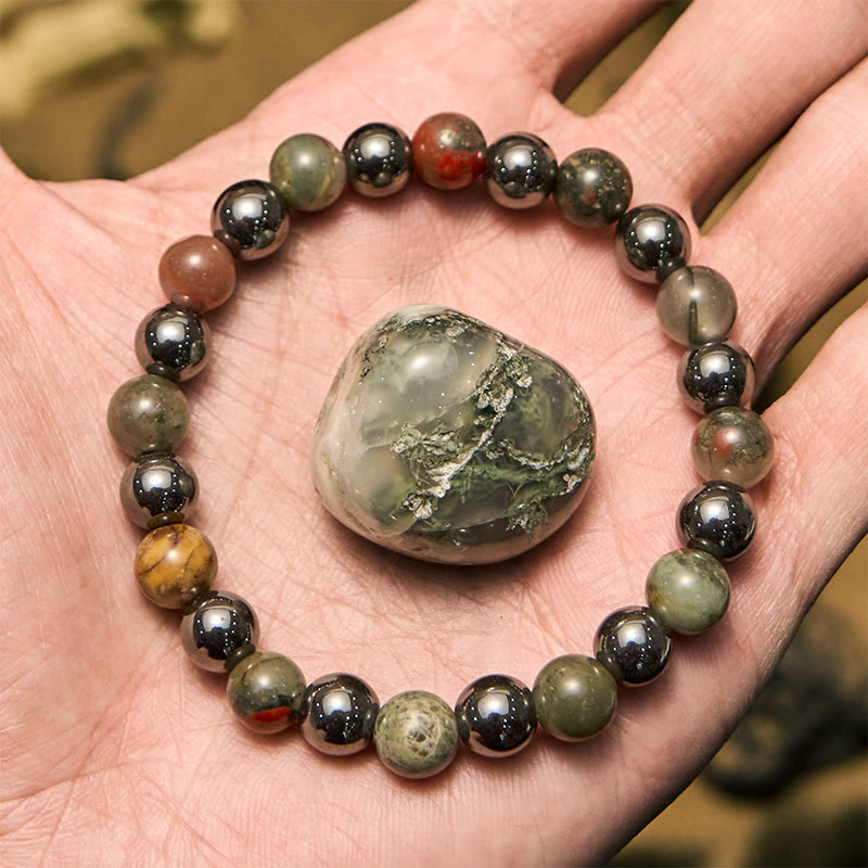 Olivenorma Armband mit Hämatitperlen und Drachenblutstein