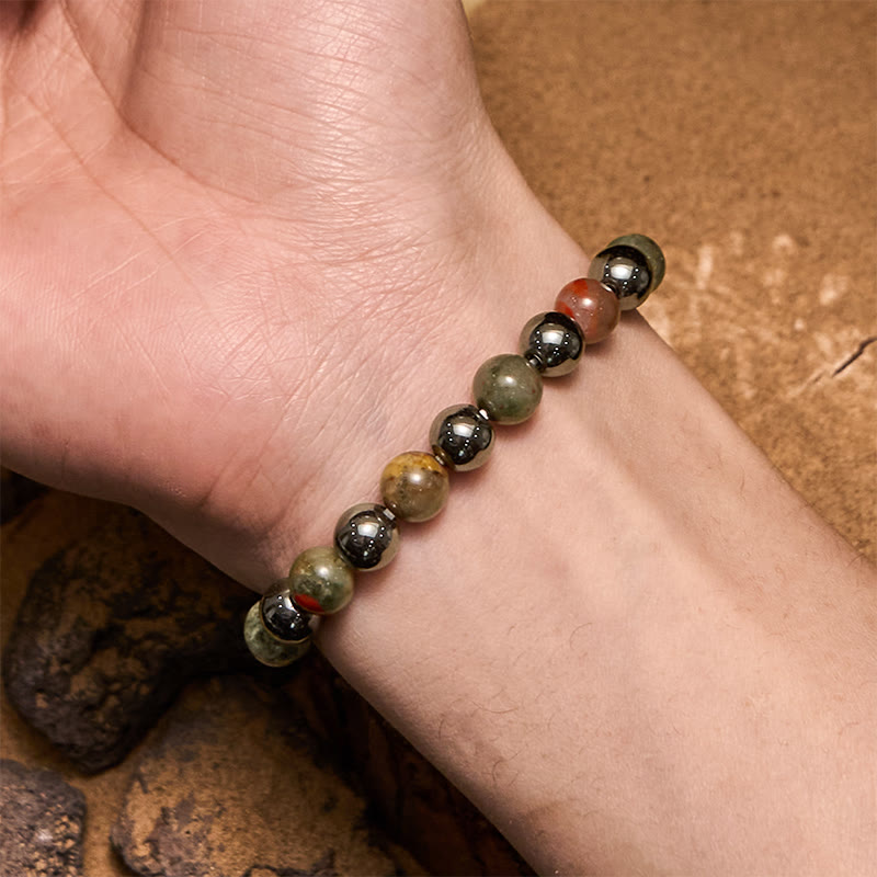 Olivenorma Armband mit Hämatitperlen und Drachenblutstein