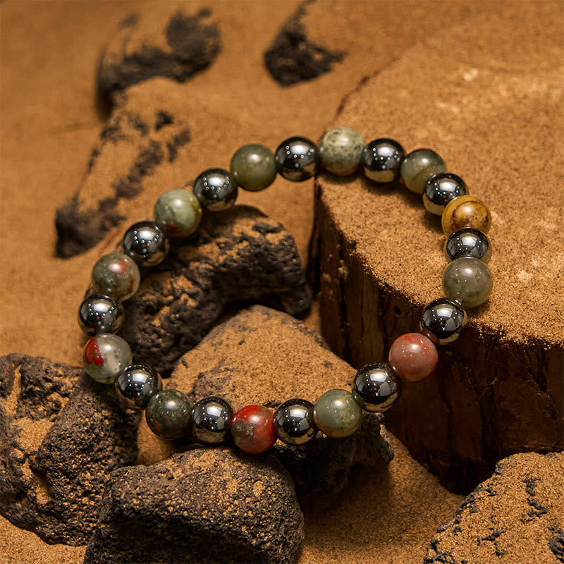 Olivenorma Armband mit Hämatitperlen und Drachenblutstein