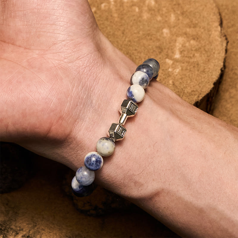 Olivenorma Perlenarmband mit Hantelanhänger aus Naturstein, 8 mm