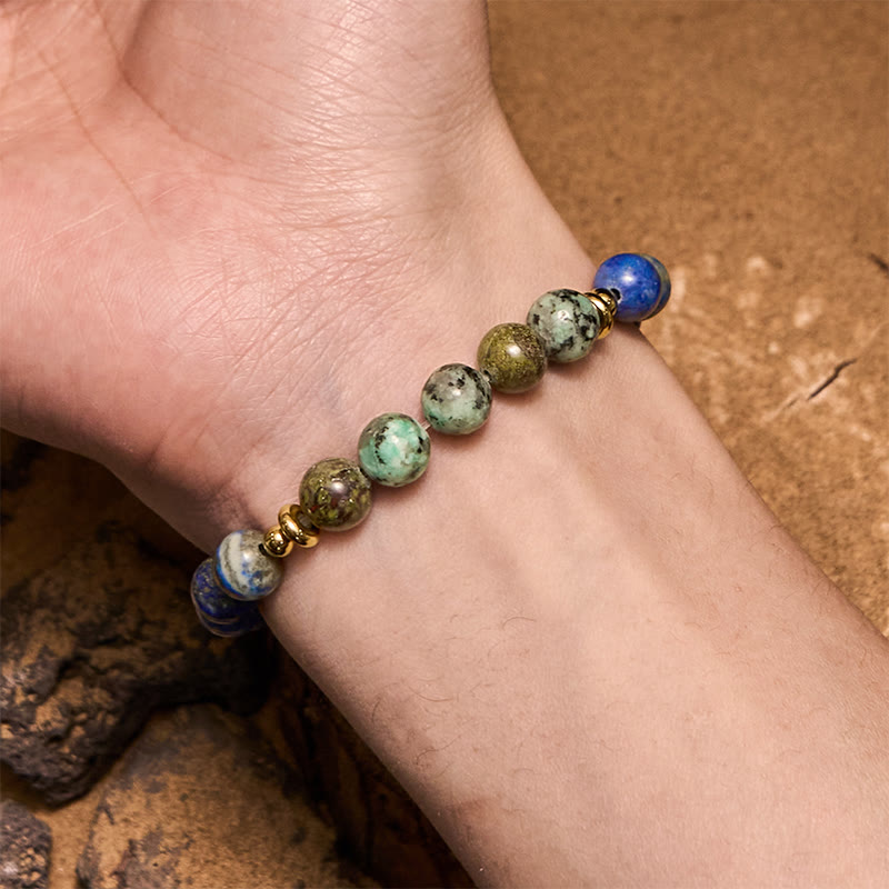 Olivenorma 8 mm Armband mit afrikanischen Türkis- und Lapislazuli-Perlen