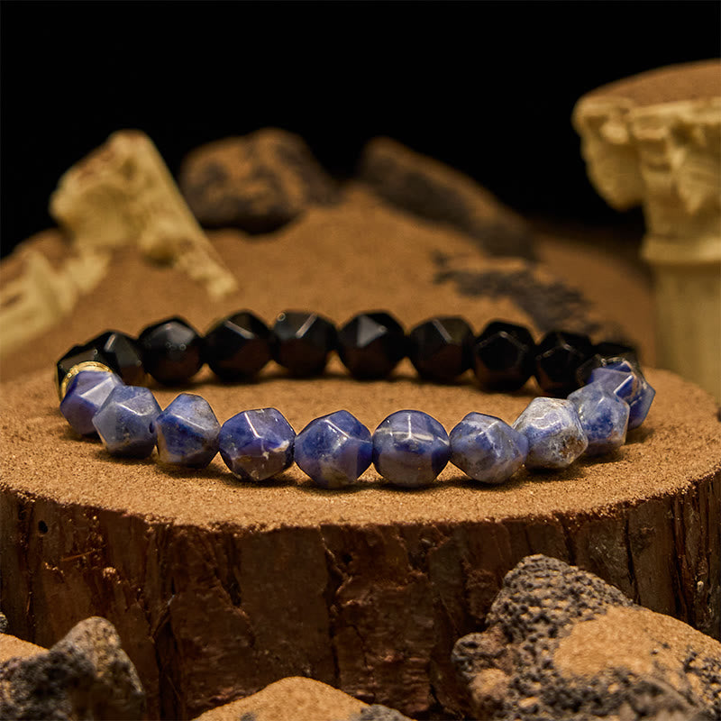 Olivenorma Armband mit facettierten natürlichen Obsidian-Sodalith-Perlen
