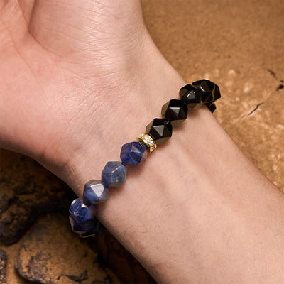 Olivenorma Armband mit facettierten natürlichen Obsidian-Sodalith-Perlen