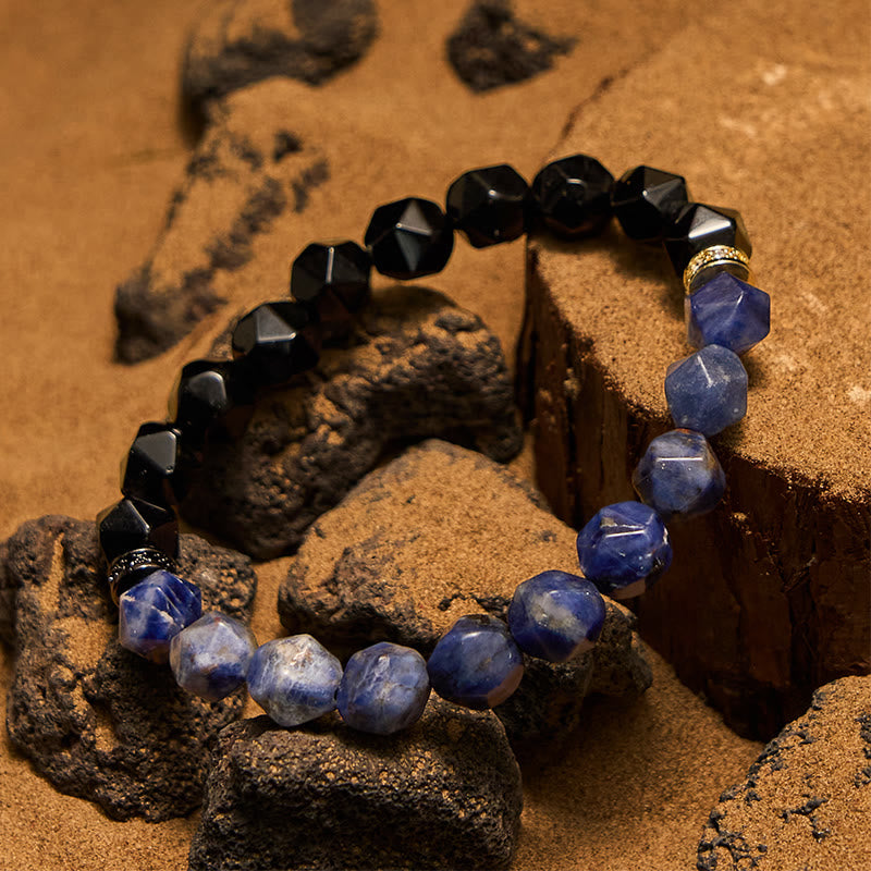Olivenorma Armband mit facettierten natürlichen Obsidian-Sodalith-Perlen