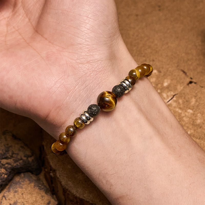 Olivenorma Armband mit Perlen aus natürlichem Lavastein und Tigerauge