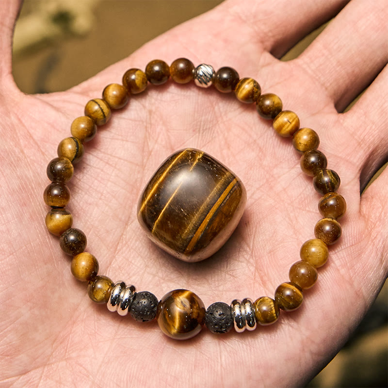 Olivenorma Armband mit Perlen aus natürlichem Lavastein und Tigerauge