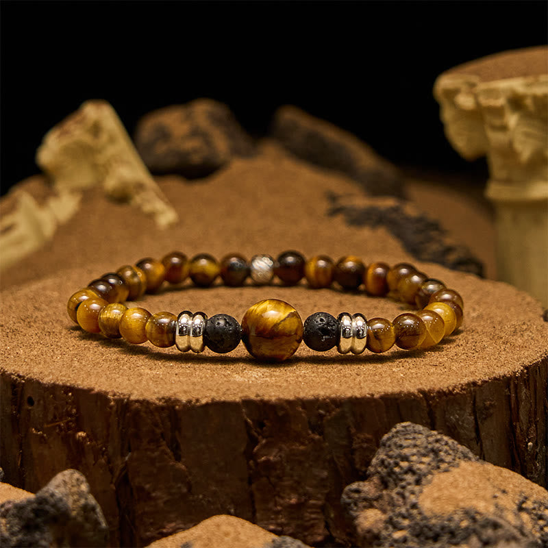 Olivenorma Armband mit Perlen aus natürlichem Lavastein und Tigerauge