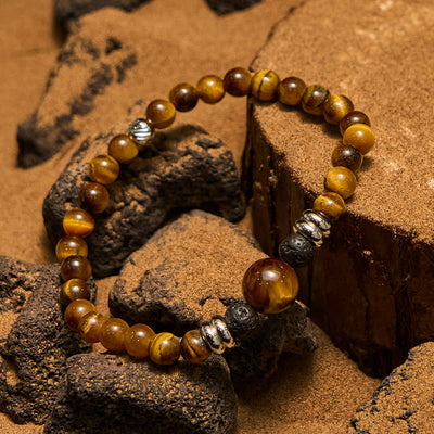 Olivenorma Armband mit Perlen aus natürlichem Lavastein und Tigerauge