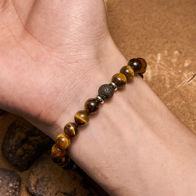 Olivenorma Lavastein Tigerauge Herren Perlenarmband