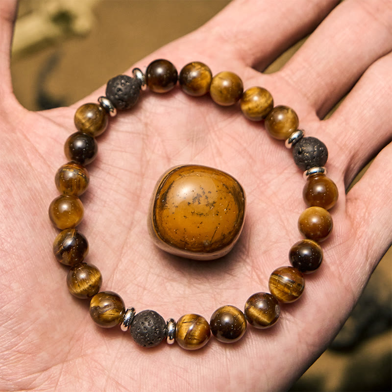 Olivenorma Lavastein Tigerauge Herren Perlenarmband