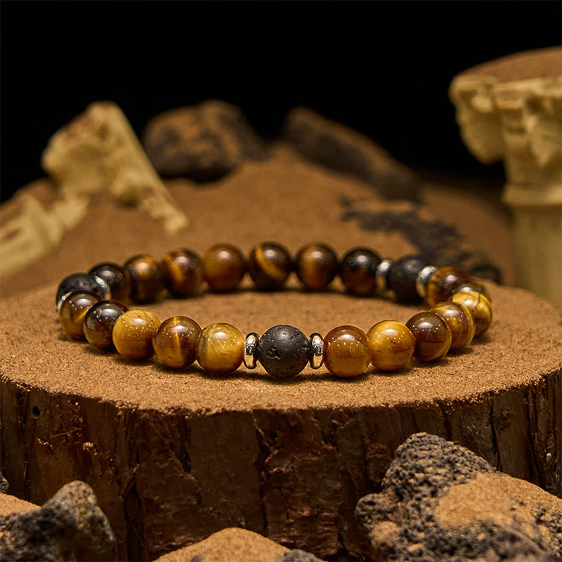 Olivenorma Lavastein Tigerauge Herren Perlenarmband