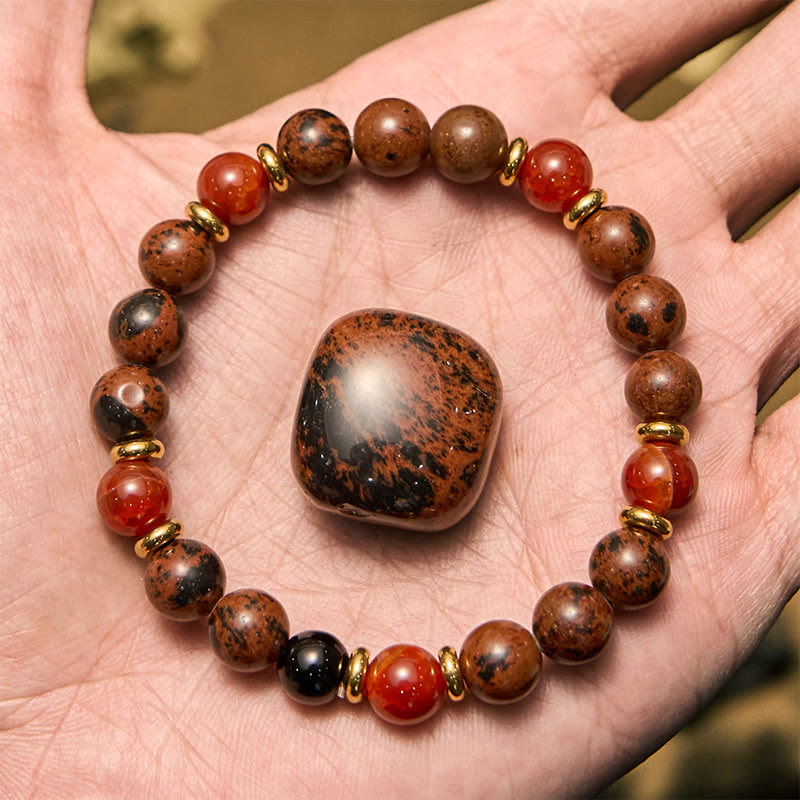 Olivenorma Armband mit Perlen aus natürlichem Mahagoni-Obsidian und roten Korallen