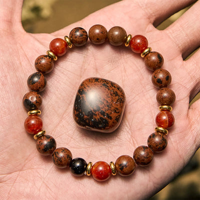 Olivenorma Armband mit Perlen aus natürlichem Mahagoni-Obsidian und roten Korallen