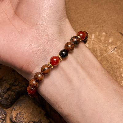 Olivenorma Armband mit Perlen aus natürlichem Mahagoni-Obsidian und roten Korallen