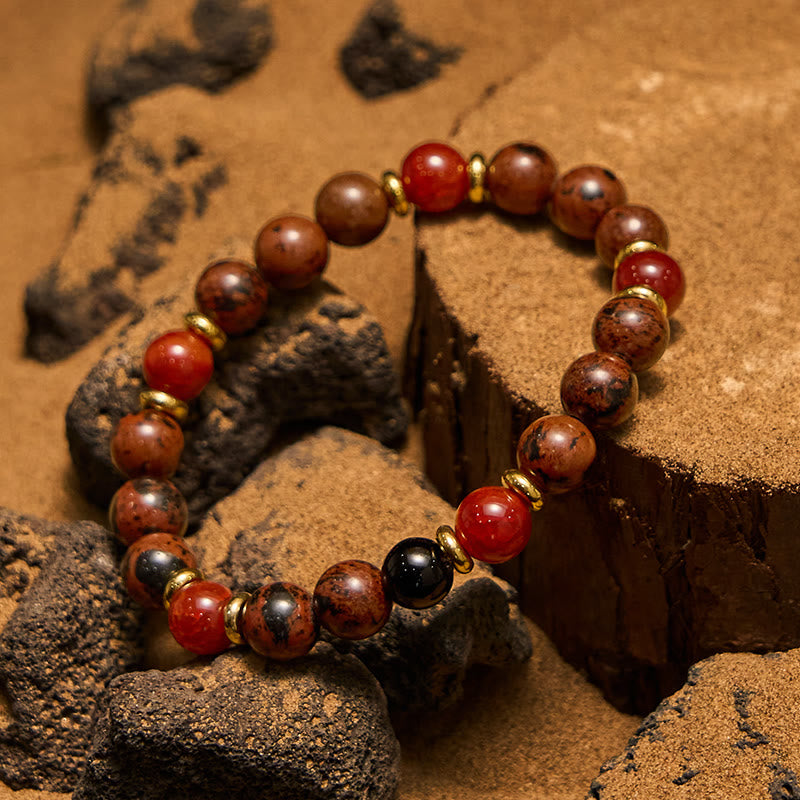 Olivenorma Armband mit Perlen aus natürlichem Mahagoni-Obsidian und roten Korallen