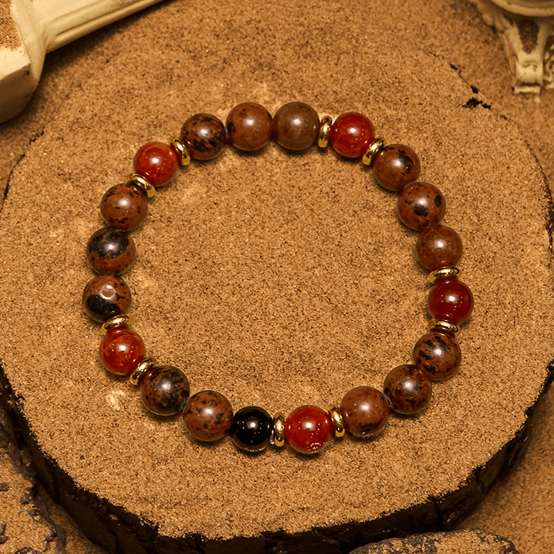 Olivenorma Armband mit Perlen aus natürlichem Mahagoni-Obsidian und roten Korallen